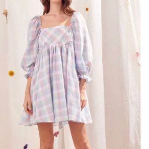 ✨NWT✨STORIA✨PASTEL PLAID PUFF-SLEEVEST BABYDOLL MINI DRESS